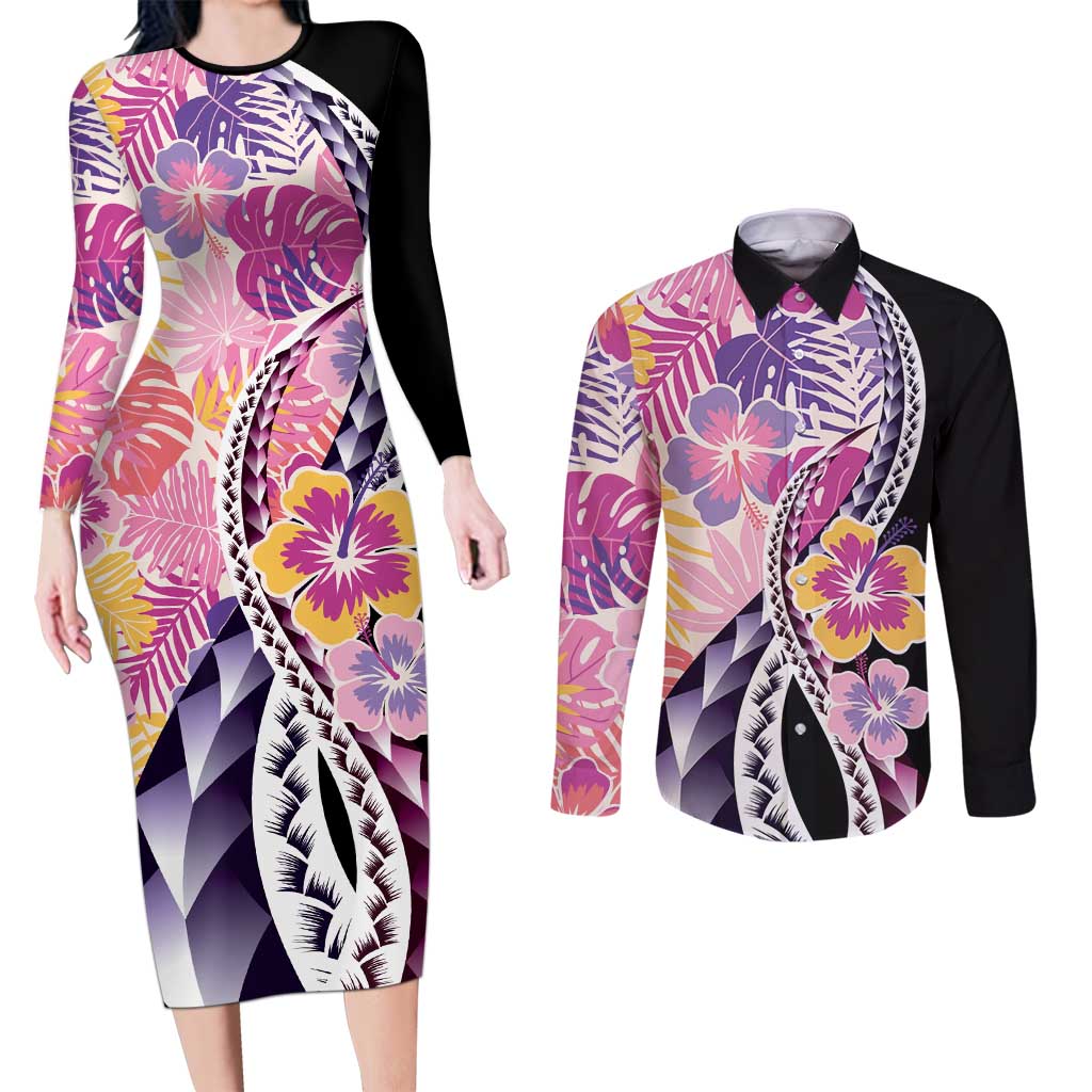 Aloha Vintage Hibiscus Lei Seamless Pattern Couples Matching Long Sleeve Bodycon Dress and Long Sleeve Button Shirt LT9 Pink - Polynesian Pride