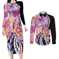 Aloha Vintage Hibiscus Lei Seamless Pattern Couples Matching Long Sleeve Bodycon Dress and Long Sleeve Button Shirt LT9 Pink - Polynesian Pride