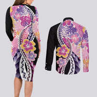 Aloha Vintage Hibiscus Lei Seamless Pattern Couples Matching Long Sleeve Bodycon Dress and Long Sleeve Button Shirt LT9 - Polynesian Pride