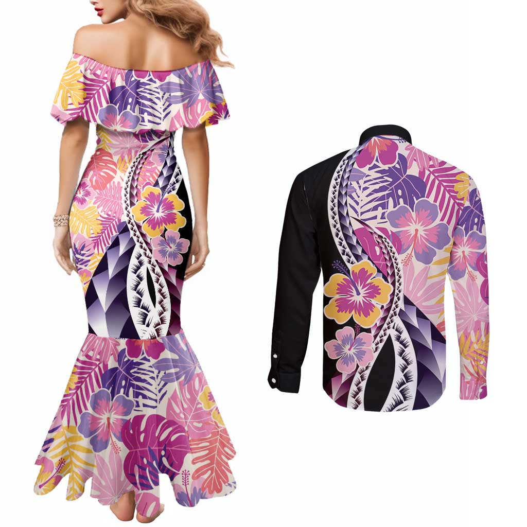 Aloha Vintage Hibiscus Lei Seamless Pattern Couples Matching Mermaid Dress and Long Sleeve Button Shirt LT9 - Polynesian Pride