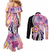 Aloha Vintage Hibiscus Lei Seamless Pattern Couples Matching Mermaid Dress and Long Sleeve Button Shirt LT9 - Polynesian Pride