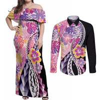 Aloha Vintage Hibiscus Lei Seamless Pattern Couples Matching Off Shoulder Maxi Dress and Long Sleeve Button Shirt LT9 Pink - Polynesian Pride