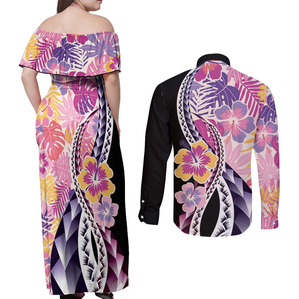 Aloha Vintage Hibiscus Lei Seamless Pattern Couples Matching Off Shoulder Maxi Dress and Long Sleeve Button Shirt LT9 - Polynesian Pride