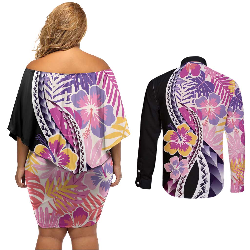 Aloha Vintage Hibiscus Lei Seamless Pattern Couples Matching Off Shoulder Short Dress and Long Sleeve Button Shirt LT9 - Polynesian Pride