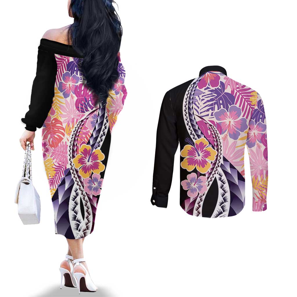 Aloha Vintage Hibiscus Lei Seamless Pattern Couples Matching Off The Shoulder Long Sleeve Dress and Long Sleeve Button Shirt LT9 - Polynesian Pride