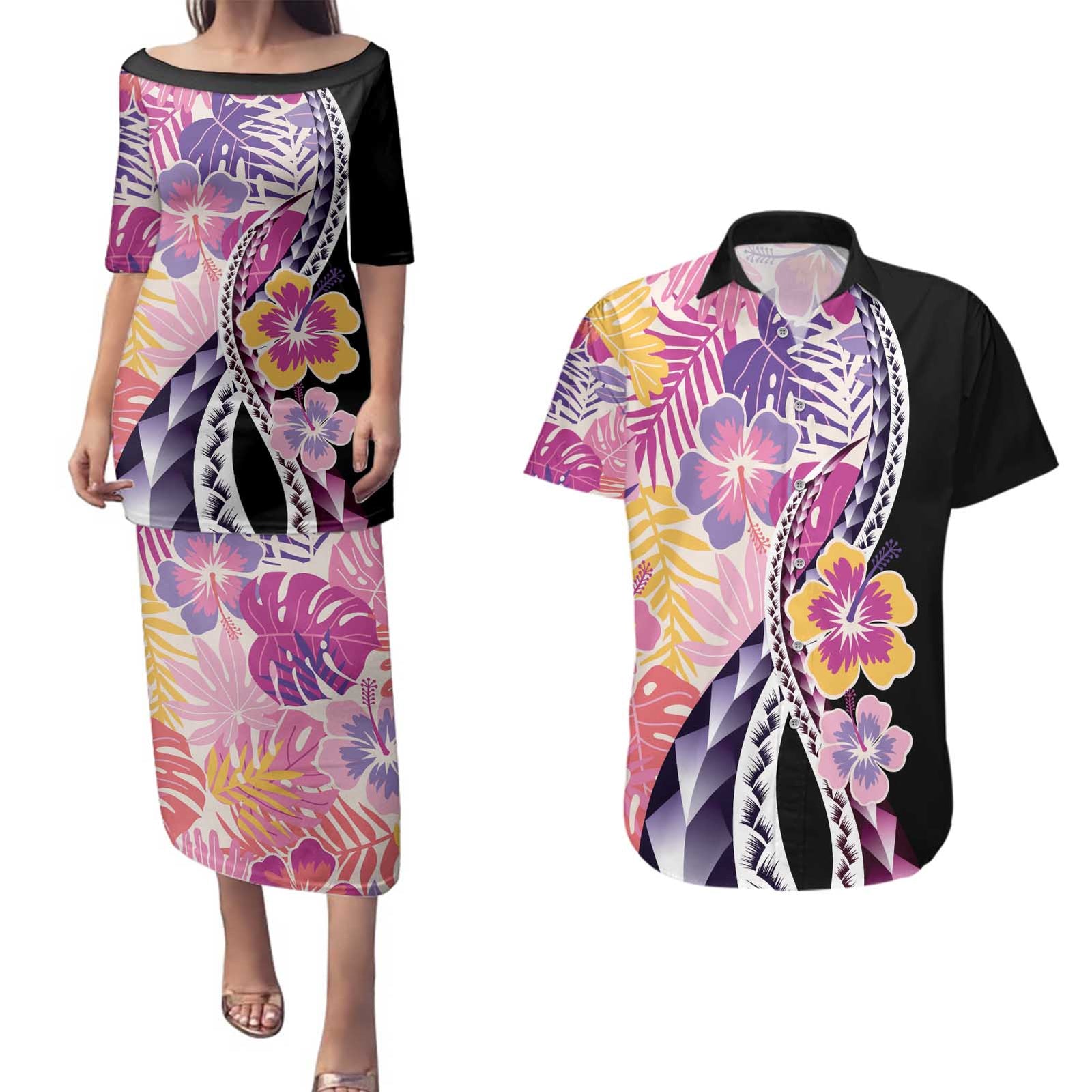 Aloha Vintage Hibiscus Lei Seamless Pattern Couples Matching Puletasi and Hawaiian Shirt - Polynesian Pride