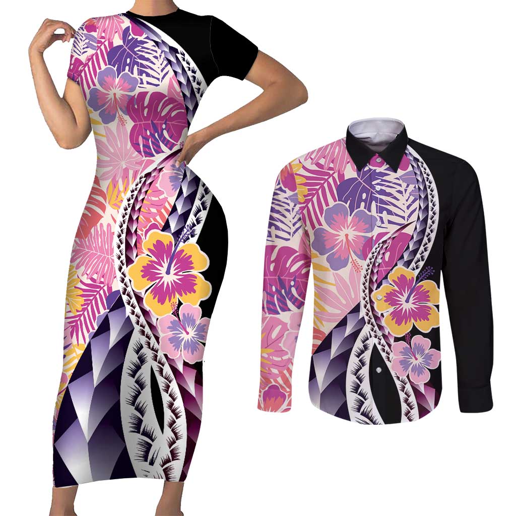 Aloha Vintage Hibiscus Lei Seamless Pattern Couples Matching Short Sleeve Bodycon Dress and Long Sleeve Button Shirt LT9 Pink - Polynesian Pride