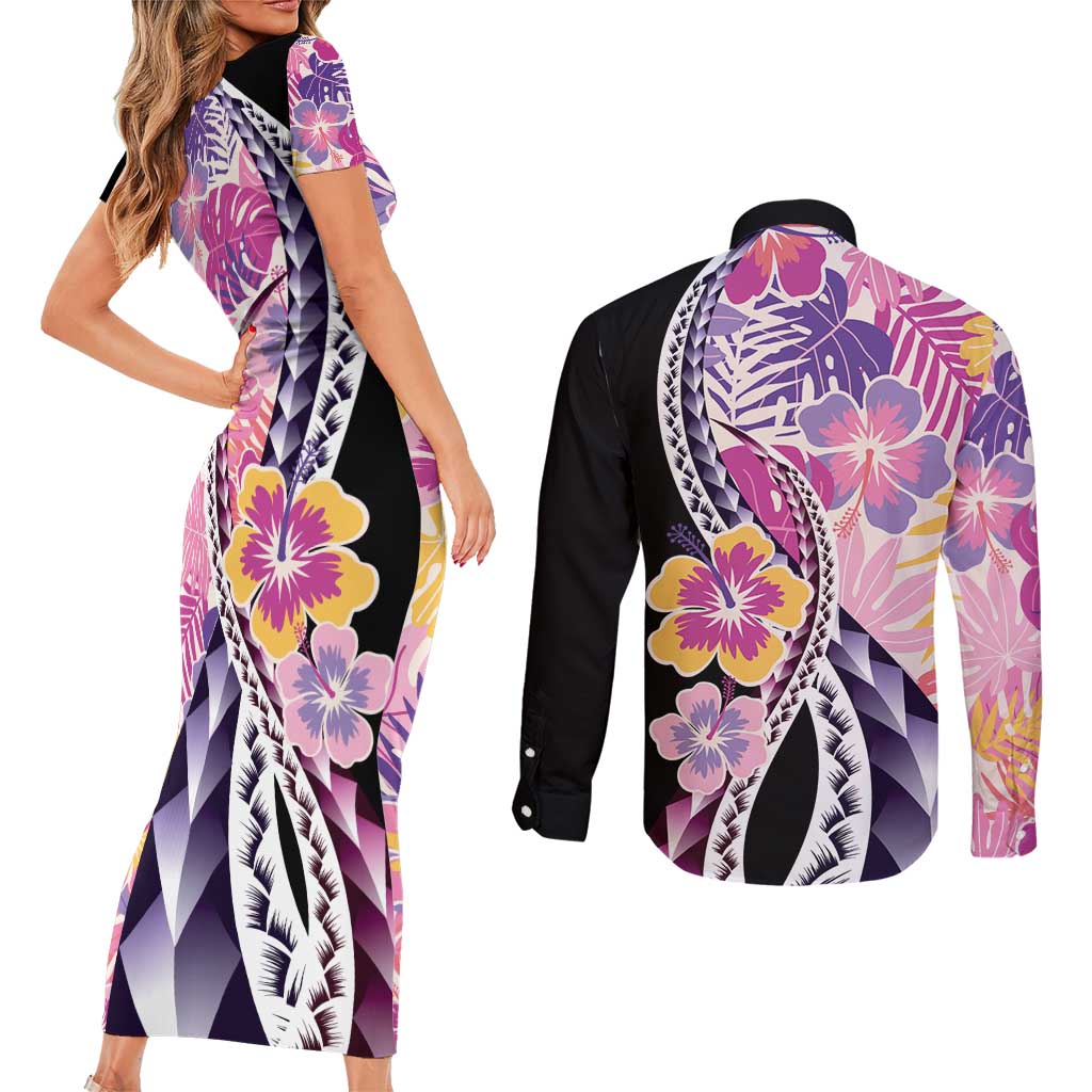 Aloha Vintage Hibiscus Lei Seamless Pattern Couples Matching Short Sleeve Bodycon Dress and Long Sleeve Button Shirt LT9 - Polynesian Pride