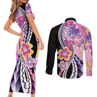 Aloha Vintage Hibiscus Lei Seamless Pattern Couples Matching Short Sleeve Bodycon Dress and Long Sleeve Button Shirt LT9 - Polynesian Pride
