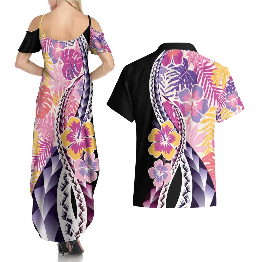 Aloha Vintage Hibiscus Lei Seamless Pattern Couples Matching Summer Maxi Dress and Hawaiian Shirt - Polynesian Pride