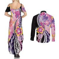 Aloha Vintage Hibiscus Lei Seamless Pattern Couples Matching Summer Maxi Dress and Long Sleeve Button Shirt LT9 - Polynesian Pride