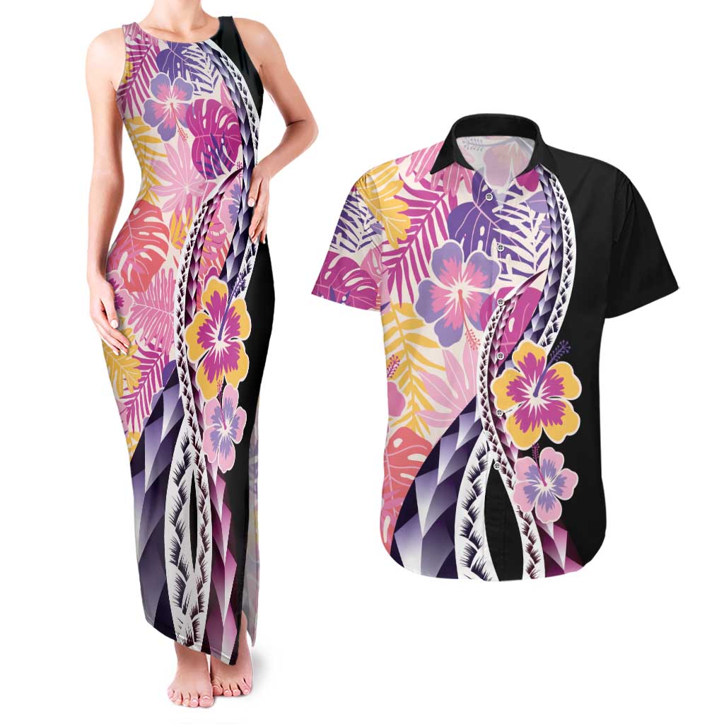 Aloha Vintage Hibiscus Lei Seamless Pattern Couples Matching Tank Maxi Dress and Hawaiian Shirt - Polynesian Pride