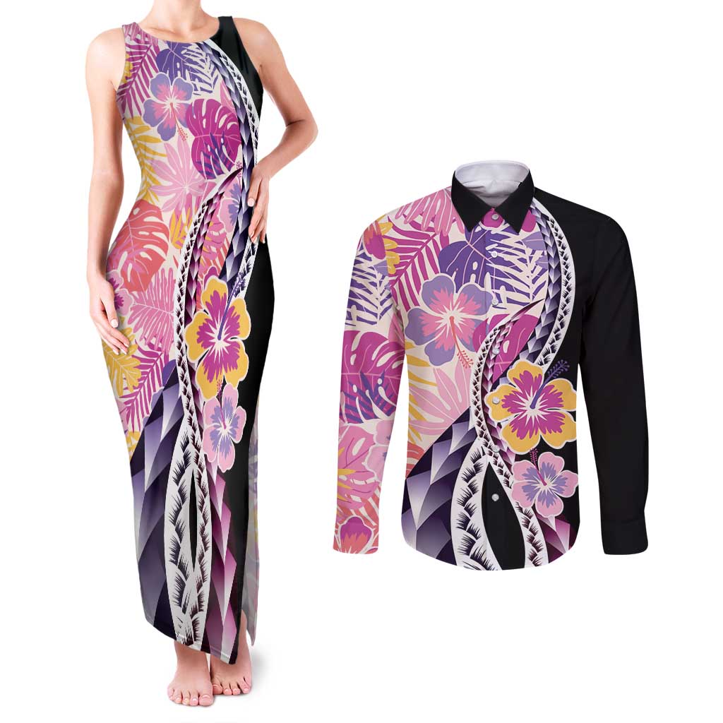 Aloha Vintage Hibiscus Lei Seamless Pattern Couples Matching Tank Maxi Dress and Long Sleeve Button Shirt LT9 Pink - Polynesian Pride