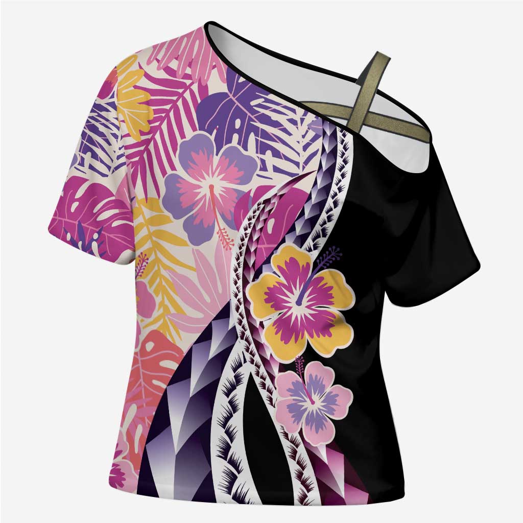 Aloha Vintage Hibiscus Lei Seamless Pattern Cross Shoulder Shirt LT9 Female Pink - Polynesian Pride