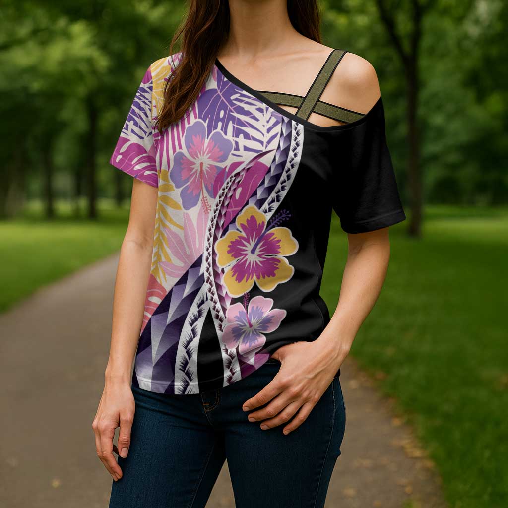 Aloha Vintage Hibiscus Lei Seamless Pattern Cross Shoulder Shirt LT9 - Polynesian Pride