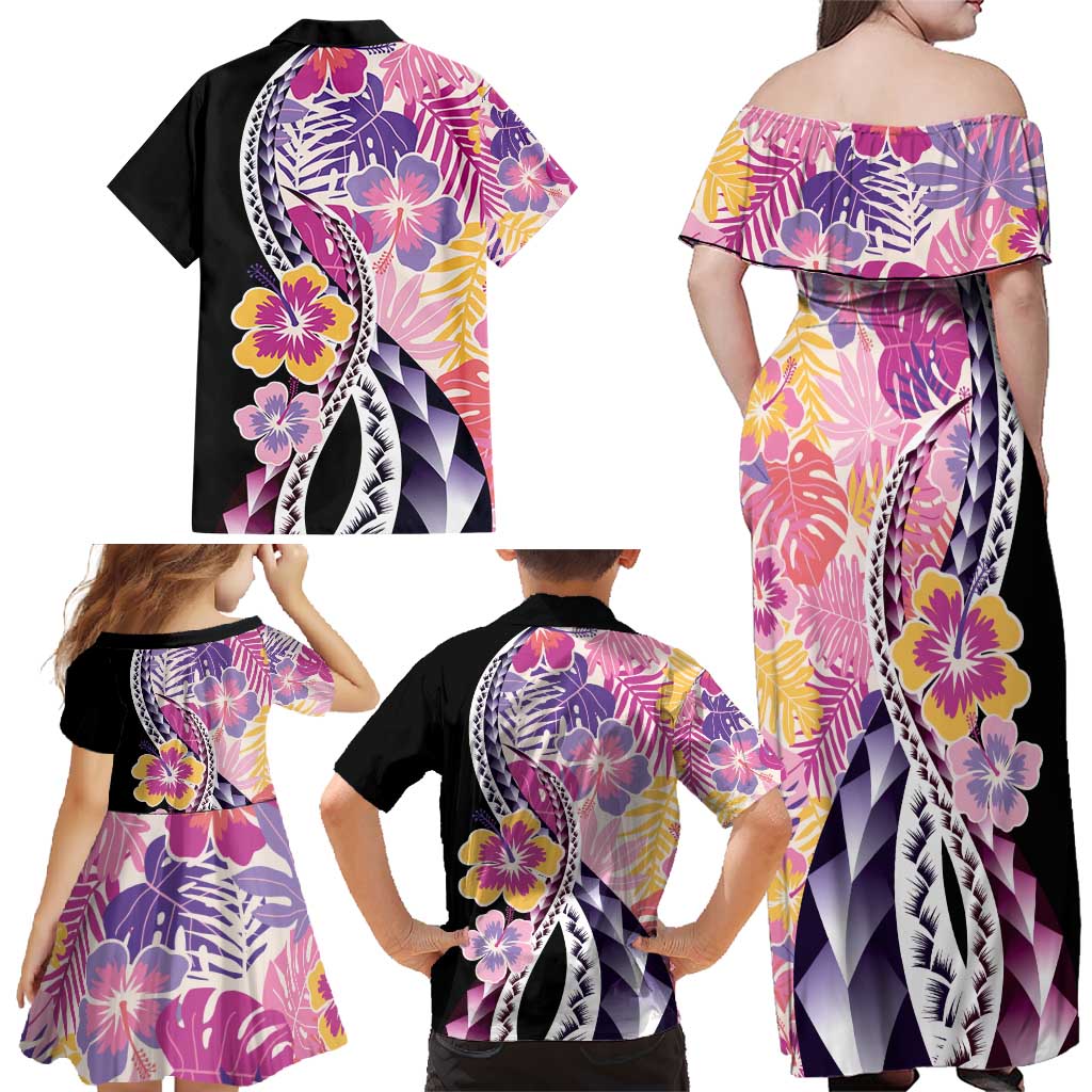 Aloha Vintage Hibiscus Lei Seamless Pattern Family Matching Off Shoulder Maxi Dress and Hawaiian Shirt - Polynesian Pride