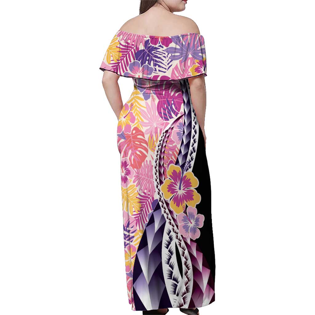 Aloha Vintage Hibiscus Lei Seamless Pattern Family Matching Off Shoulder Maxi Dress and Hawaiian Shirt - Polynesian Pride