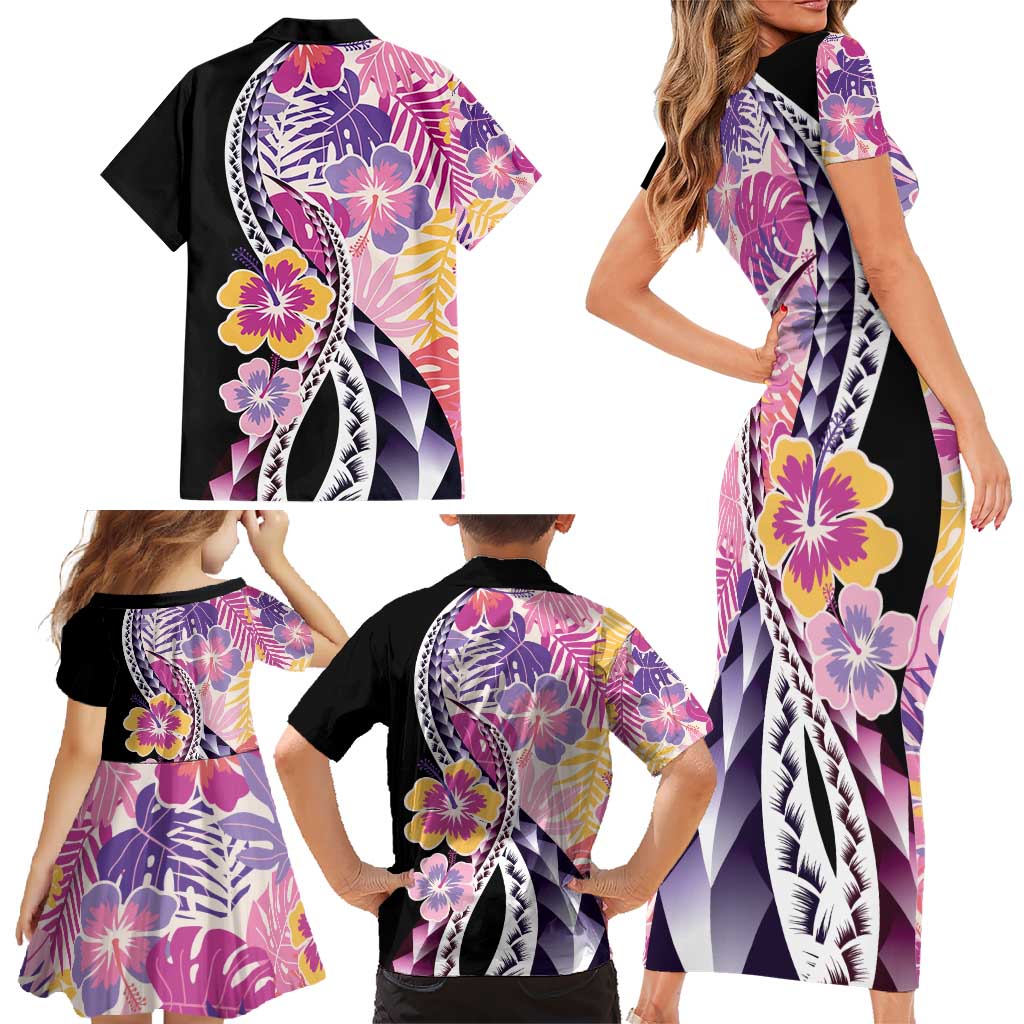 Aloha Vintage Hibiscus Lei Seamless Pattern Family Matching Short Sleeve Bodycon Dress and Hawaiian Shirt - Polynesian Pride