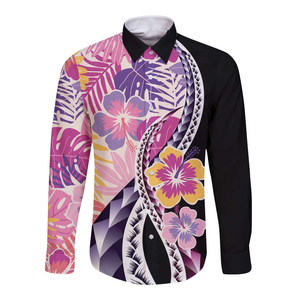 Aloha Vintage Hibiscus Lei Seamless Pattern Long Sleeve Button Shirt LT9 Unisex Pink - Polynesian Pride