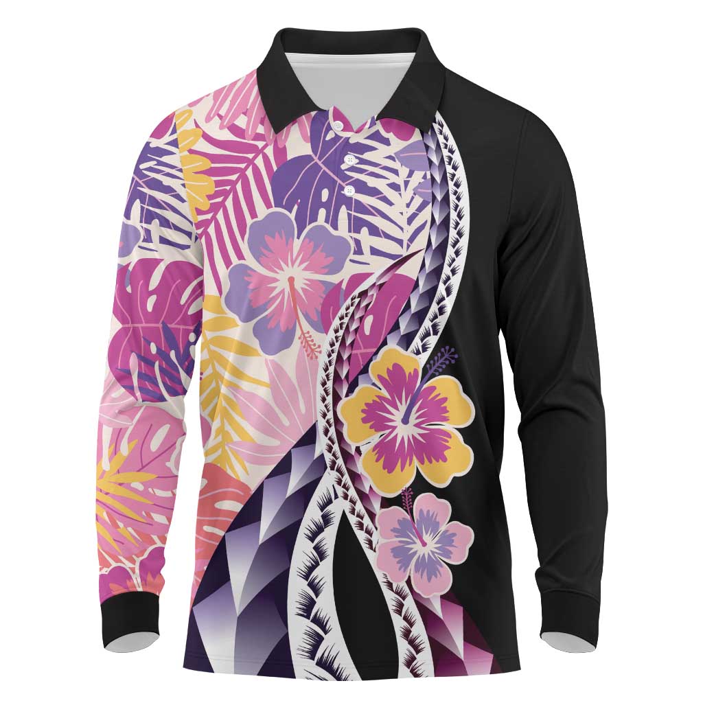 Aloha Vintage Hibiscus Lei Seamless Pattern Long Sleeve Polo Shirt LT9 Pink - Polynesian Pride