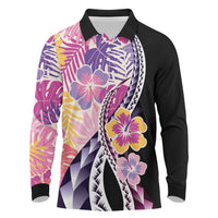 Aloha Vintage Hibiscus Lei Seamless Pattern Long Sleeve Polo Shirt LT9 Pink - Polynesian Pride