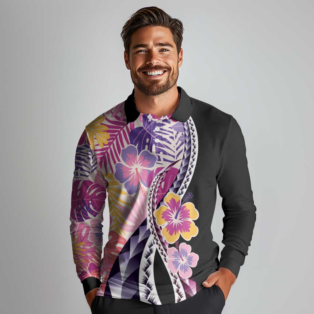 Aloha Vintage Hibiscus Lei Seamless Pattern Long Sleeve Polo Shirt LT9 - Polynesian Pride