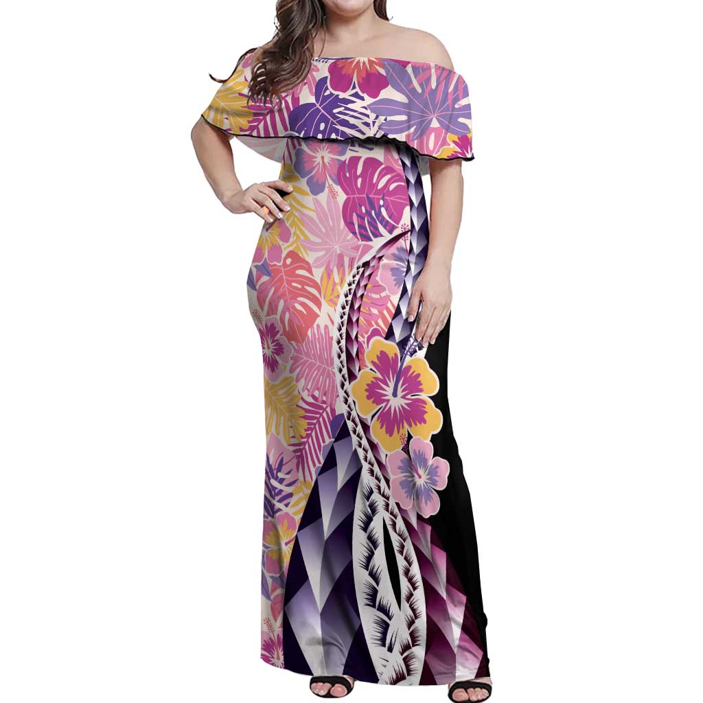 Aloha Vintage Hibiscus Lei Seamless Pattern Off Shoulder Maxi Dress - Polynesian Pride