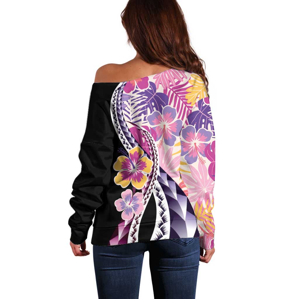 Aloha Vintage Hibiscus Lei Seamless Pattern Off Shoulder Sweater - Polynesian Pride