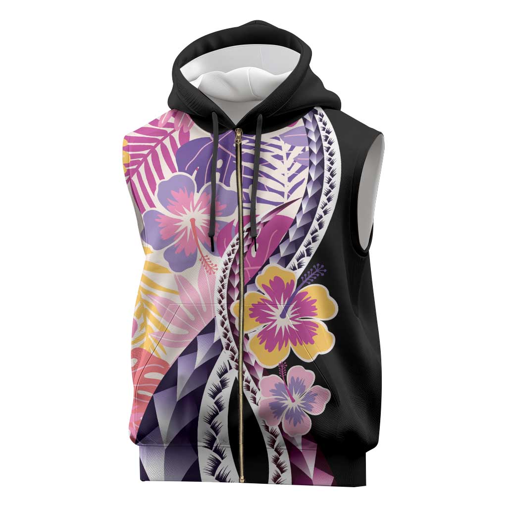 Aloha Vintage Hibiscus Lei Seamless Pattern Sleeveless Zip Hoodie - Polynesian Pride
