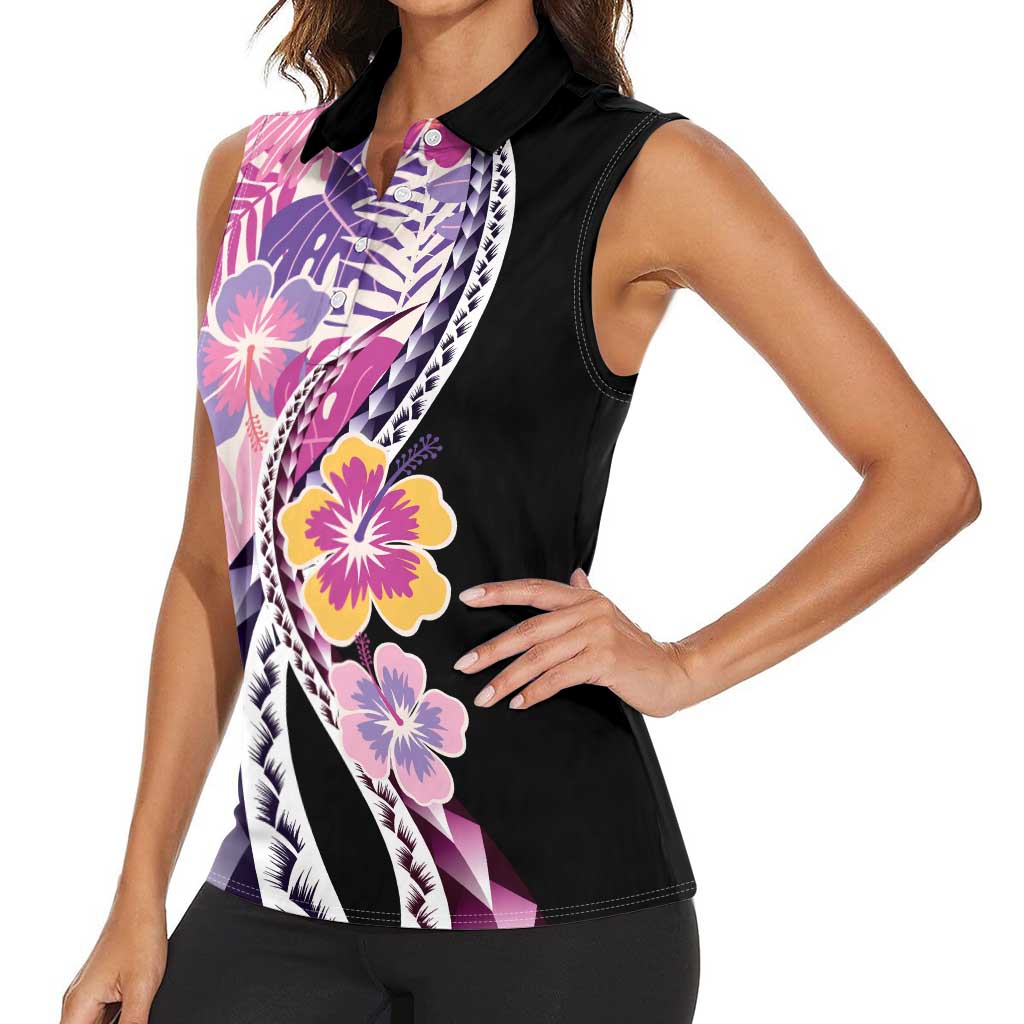 Aloha Vintage Hibiscus Lei Seamless Pattern Women Sleeveless Polo Shirt LT9 - Polynesian Pride