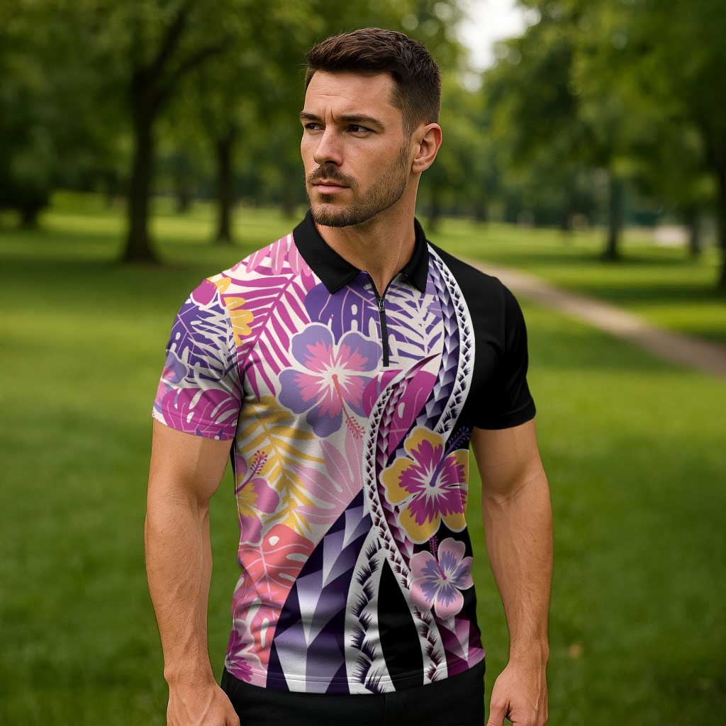 Aloha Vintage Hibiscus Lei Seamless Pattern Zipper Polo Shirt LT9 - Polynesian Pride