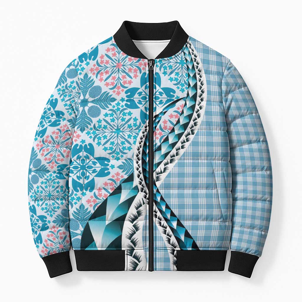 Aloha Vintage Palaka Floral Hawaiian Quilt Bomber Puffer Jacket Uliuli Motif LT9 Unisex Blue - Polynesian Pride