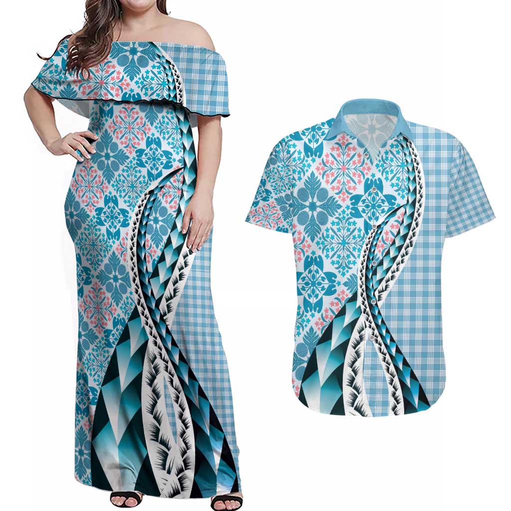 Aloha Vintage Palaka Floral Hawaiian Quilt Couples Matching Off Shoulder Maxi Dress and Hawaiian Shirt Uliuli Motif - Polynesian Pride