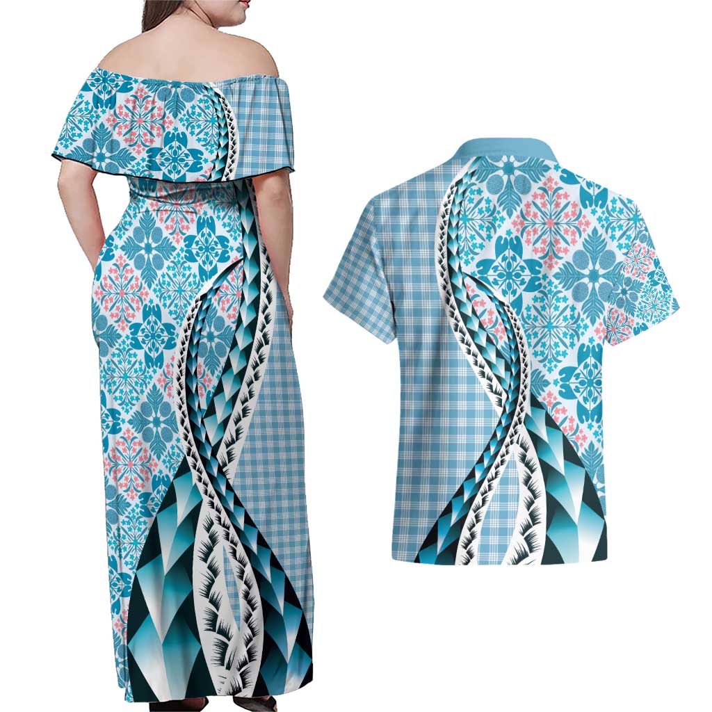 Aloha Vintage Palaka Floral Hawaiian Quilt Couples Matching Off Shoulder Maxi Dress and Hawaiian Shirt Uliuli Motif - Polynesian Pride