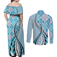 Aloha Vintage Palaka Floral Hawaiian Quilt Couples Matching Off Shoulder Maxi Dress and Long Sleeve Button Shirt Uliuli Motif - Polynesian Pride