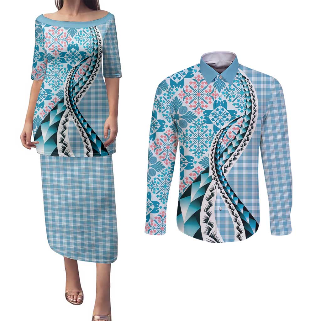 Aloha Vintage Palaka Floral Hawaiian Quilt Couples Matching Puletasi and Long Sleeve Button Shirt Uliuli Motif - Polynesian Pride