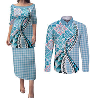 Aloha Vintage Palaka Floral Hawaiian Quilt Couples Matching Puletasi and Long Sleeve Button Shirt Uliuli Motif - Polynesian Pride