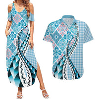 Aloha Vintage Palaka Floral Hawaiian Quilt Couples Matching Summer Maxi Dress and Hawaiian Shirt Uliuli Motif - Polynesian Pride