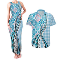 Aloha Vintage Palaka Floral Hawaiian Quilt Couples Matching Tank Maxi Dress and Hawaiian Shirt Uliuli Motif - Polynesian Pride