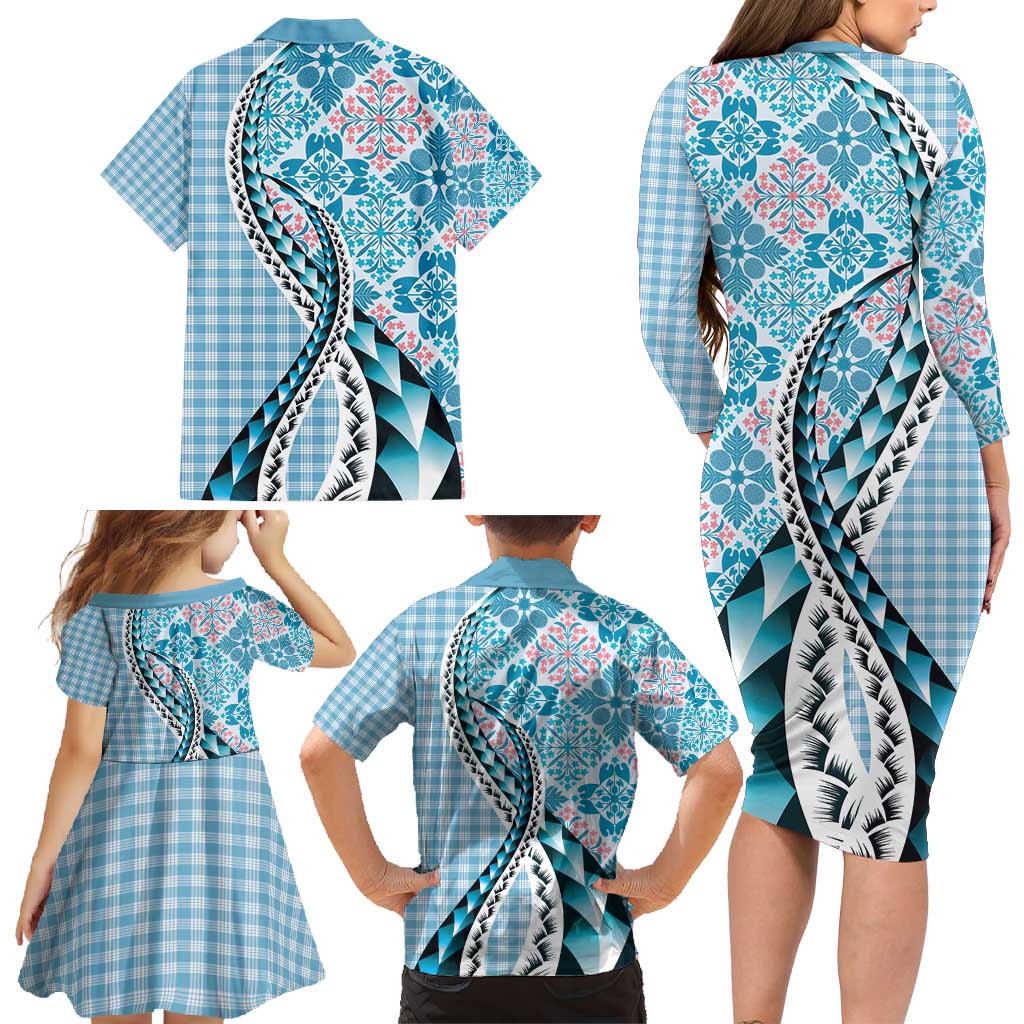 Aloha Vintage Palaka Floral Hawaiian Quilt Family Matching Long Sleeve Bodycon Dress and Hawaiian Shirt Uliuli Motif - Polynesian Pride