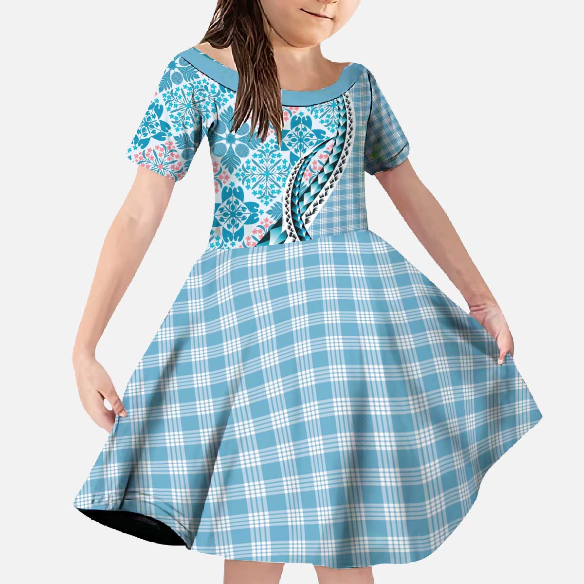 Aloha Vintage Palaka Floral Hawaiian Quilt Family Matching Off The Shoulder Long Sleeve Dress and Hawaiian Shirt Uliuli Motif - Polynesian Pride