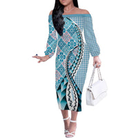 Aloha Vintage Palaka Floral Hawaiian Quilt Family Matching Off The Shoulder Long Sleeve Dress and Hawaiian Shirt Uliuli Motif - Polynesian Pride