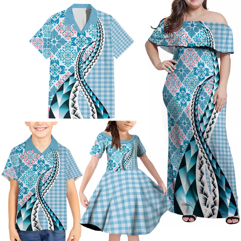 Aloha Vintage Palaka Floral Hawaiian Quilt Family Matching Off Shoulder Maxi Dress and Hawaiian Shirt Uliuli Motif - Polynesian Pride