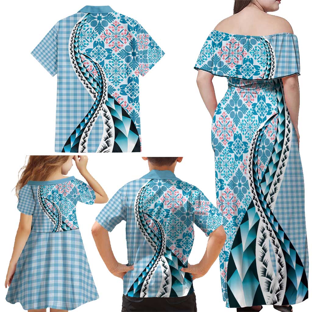 Aloha Vintage Palaka Floral Hawaiian Quilt Family Matching Off Shoulder Maxi Dress and Hawaiian Shirt Uliuli Motif - Polynesian Pride