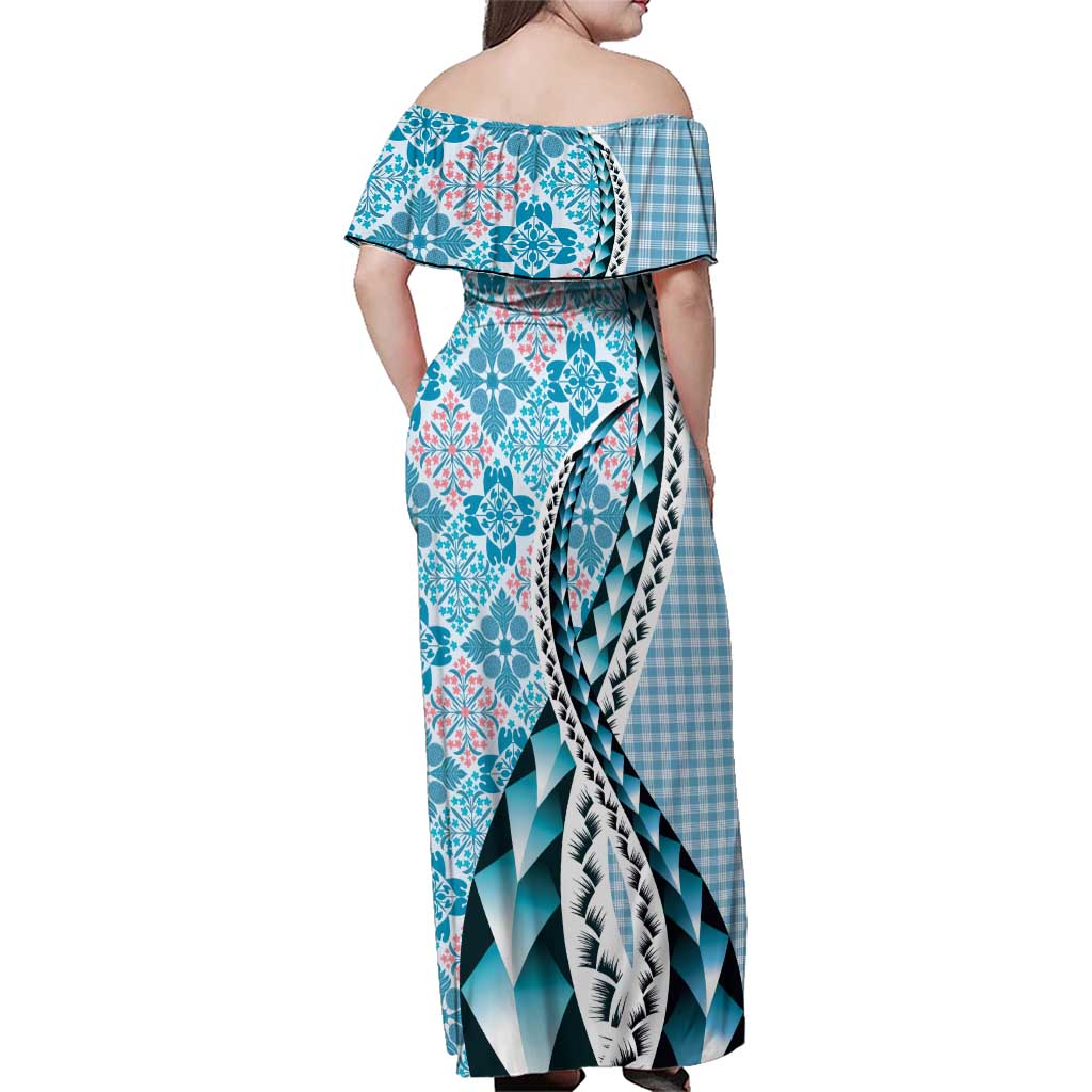 Aloha Vintage Palaka Floral Hawaiian Quilt Family Matching Off Shoulder Maxi Dress and Hawaiian Shirt Uliuli Motif - Polynesian Pride