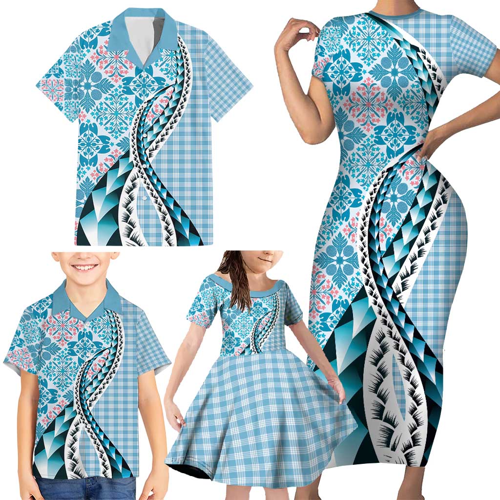 Aloha Vintage Palaka Floral Hawaiian Quilt Family Matching Short Sleeve Bodycon Dress and Hawaiian Shirt Uliuli Motif - Polynesian Pride