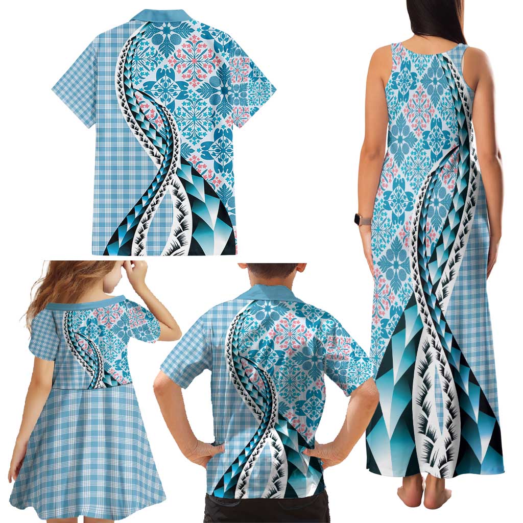 Aloha Vintage Palaka Floral Hawaiian Quilt Family Matching Tank Maxi Dress and Hawaiian Shirt Uliuli Motif - Polynesian Pride