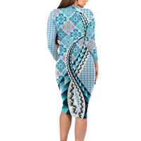 Aloha Vintage Palaka Floral Hawaiian Quilt Long Sleeve Bodycon Dress Uliuli Motif - Polynesian Pride