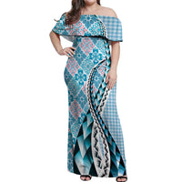 Aloha Vintage Palaka Floral Hawaiian Quilt Off Shoulder Maxi Dress Uliuli Motif - Polynesian Pride