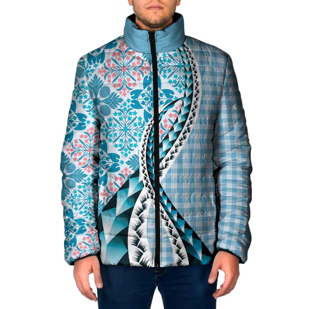 Aloha Vintage Palaka Floral Hawaiian Quilt Padded Jacket Uliuli Motif LT9 Men Blue - Polynesian Pride